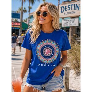 Spicy Tuna Coastal Outfitters Destin Florida Blue Mandala Design T-Shirt Large